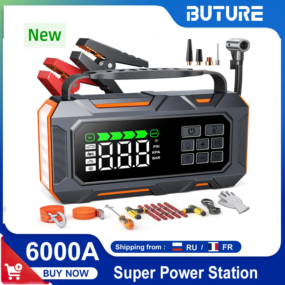 BUTURE D�marreur de Voiture 6-en-1 avec Outils de R�paration, Compresseur d'Air 160 PSI, Dispositif de D�marrage 26800 mAh, Kit d'Urgence Portable pour Voiture