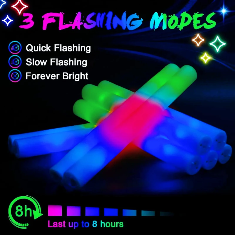 

Светящиеся палочки из пенопласта со светодиодной подсветкой, объемные светящиеся палочки, 3 красочных режима вспышки, поставки светящихся вечеринок на свадьбу, день рождения, спортивных мероприятий