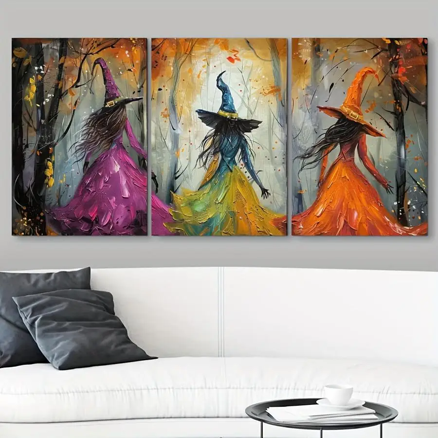 3 witches, colorful robes, autumn forest - modern abstract wall decoration 2D flat printing frameless painting
