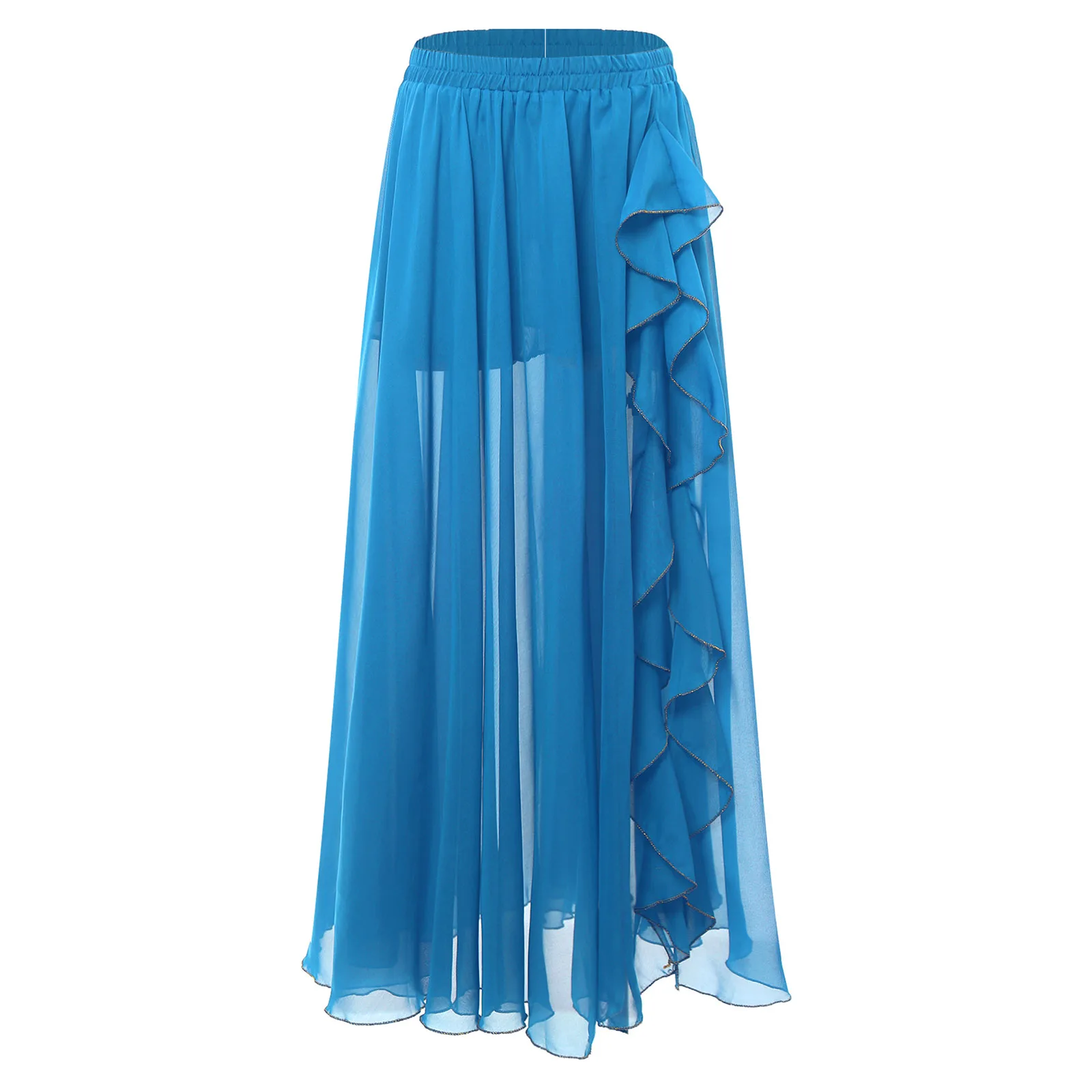 Womens Flowy Chiffon Belly Dance Skirt Elastic Waistband Cascading Ruffles Side Split Swing Skirt Ballroom Lyrical Dance Costume