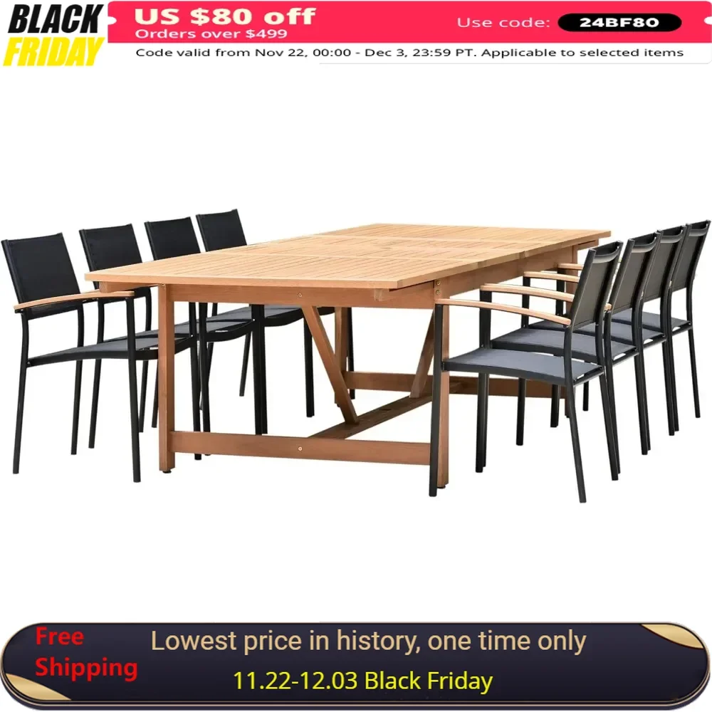 

9Piece Patio Dining Set, Table and Sling Black Chairs| Durable, Ideal for Outdoors,Light Brown-Teak Finish,Garden Furniture Sets