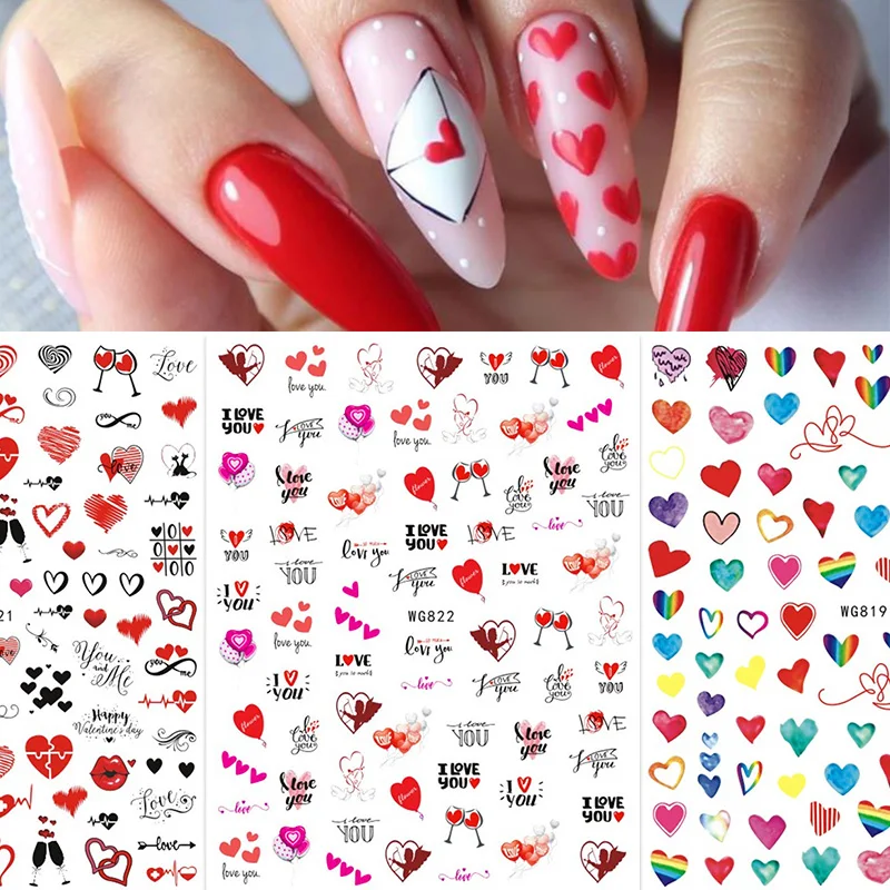 1PC 3D Nail Stickers Heart Love Self-Adhesive Slider Letters Nail Art Decorations Valentine\'s Day Decals Manicure Accessories