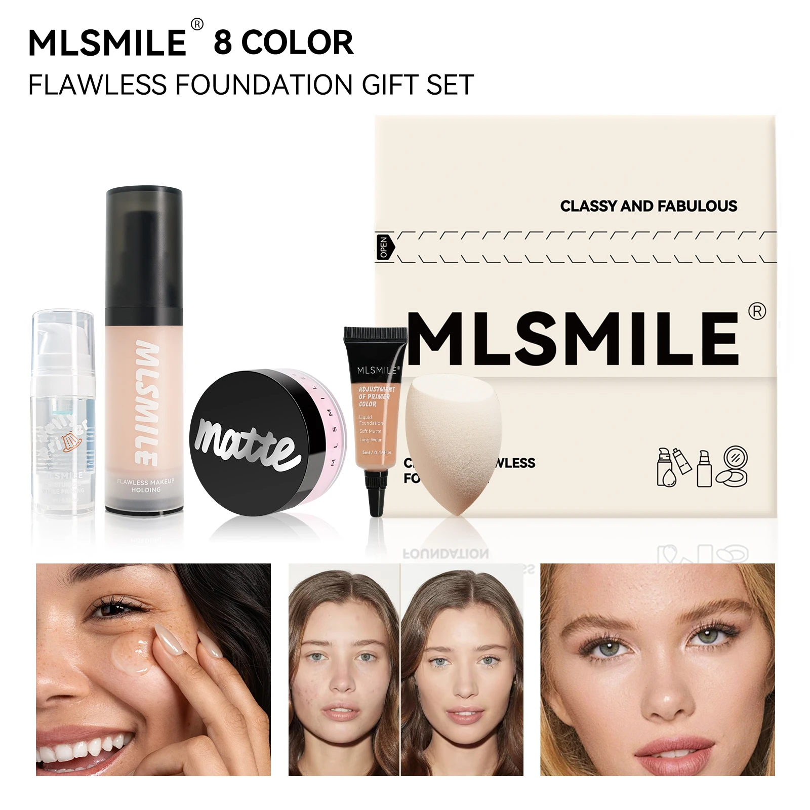 MLSMILE 5 Face Set Matte Loose Powder Foundation Primer มาพร้อมตัวอย่างรองพื้นเมคอัพไข่