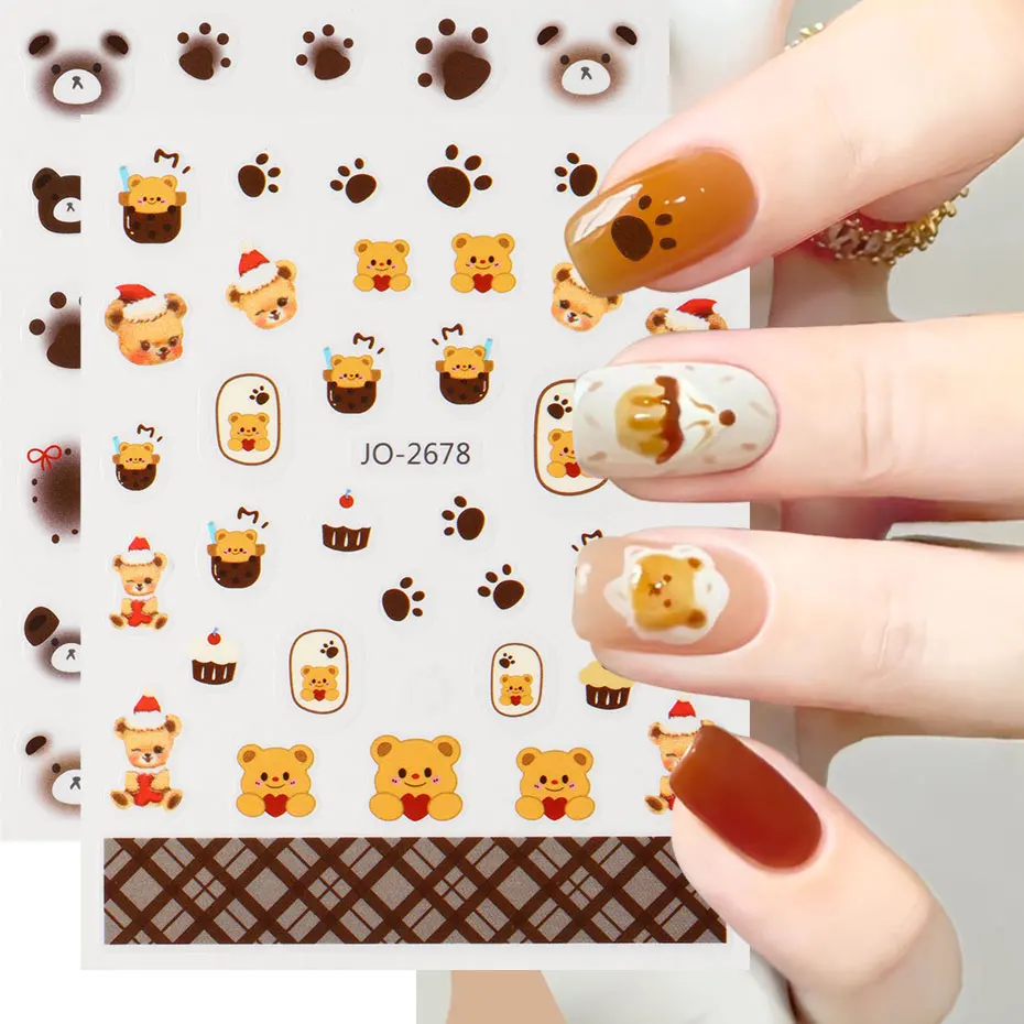 2/6pcs Cartoon Kawaii Bow Bear Nail Art Sticker Animal Flower Ultra-thin Japanese Decal Korean Bowknot Adhesive Manicure Decor
