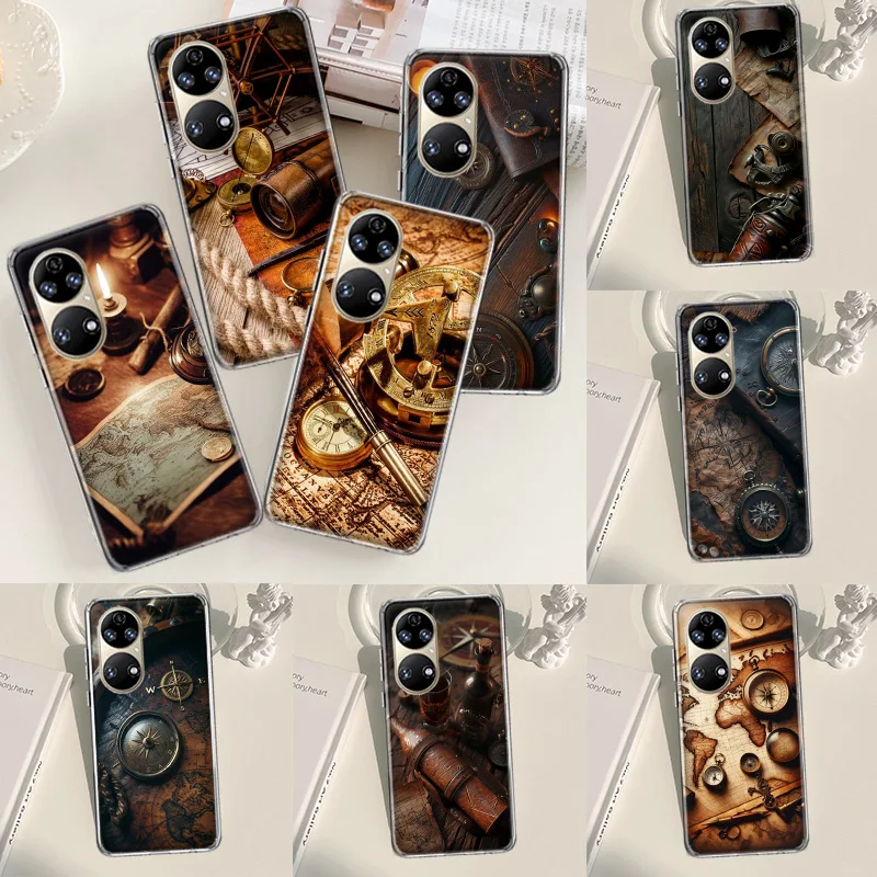 Ancient Maps Retro Compasses And Telescopes Phone Case For Huawei P50 P40 Pro P30 Lite P20 P10 Mate 10 20 Lite 30 40 Pro Cover C