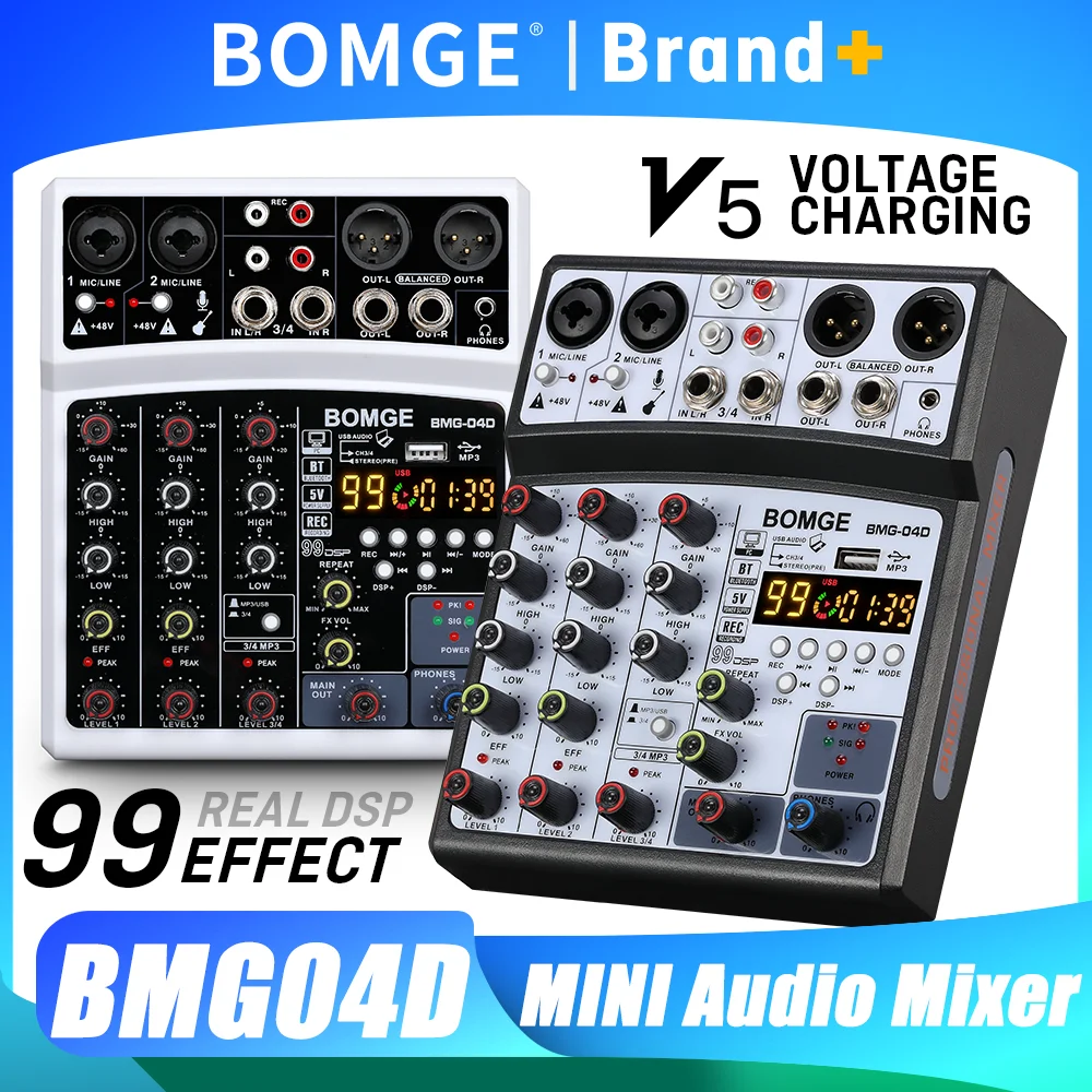 Mezclador de Audio BOMGE de 4 Canales con 99 Efectos DSP, Mini Consola Mezcladora de Audio con Entrada RCA y Conectividad XLR 48V, Controlador de DJ para Fiestas