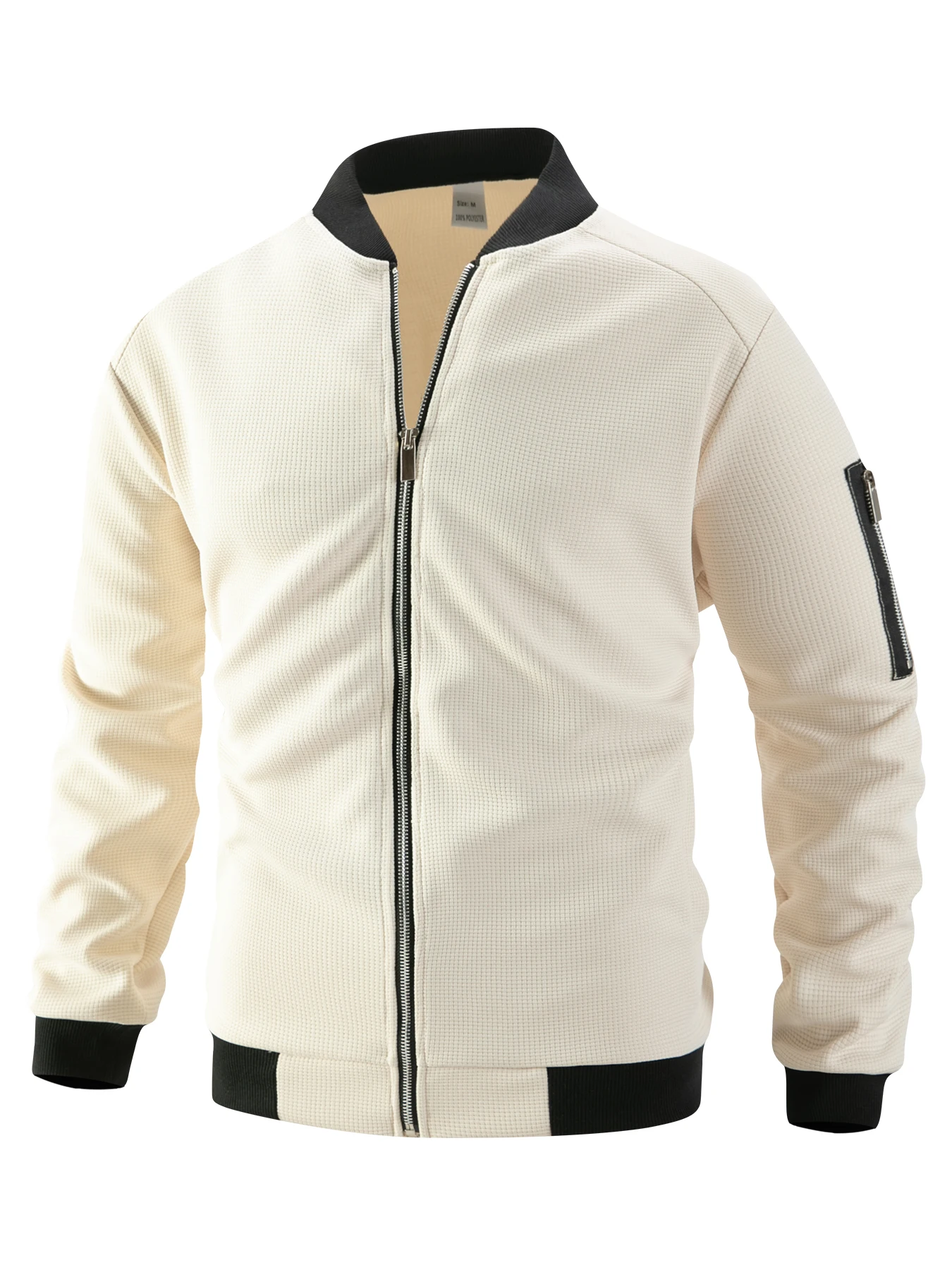 Herrenjacke aus Waffelstrick mit geripptem Baseballkragen, lässige Fliegerjacke mit durchgehendem Reißverschluss, mit Reißverschlussmanschetten und Taschen, lässiger Stil. – Detail 3