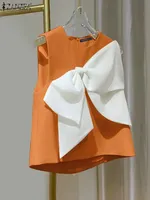 ZANZEA Summer Chic Sleeveless O-neck Tops Korean Sweety Bow Tie Tanks 2024 Beach Patchwork Tank Tops Women Solid O-neck Blouse