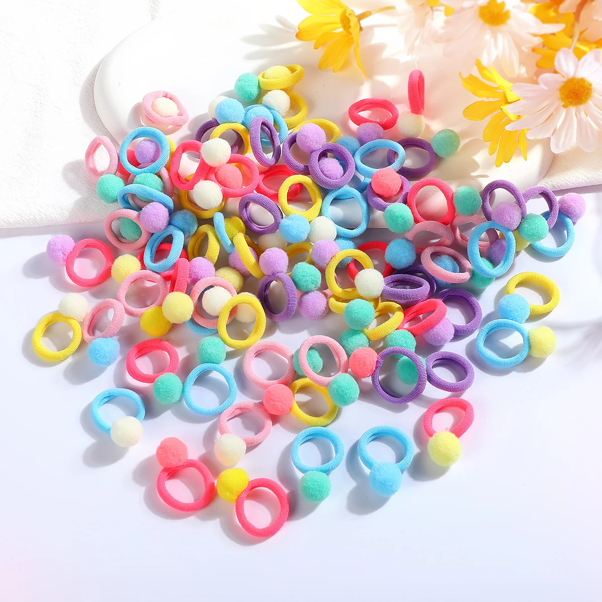 50Pcs Kids Elastic Hair Bands Girls Plush Ball Rubber Band For Children Sweets Scrunchie Hair Ties Clip Baby Hair Accessories