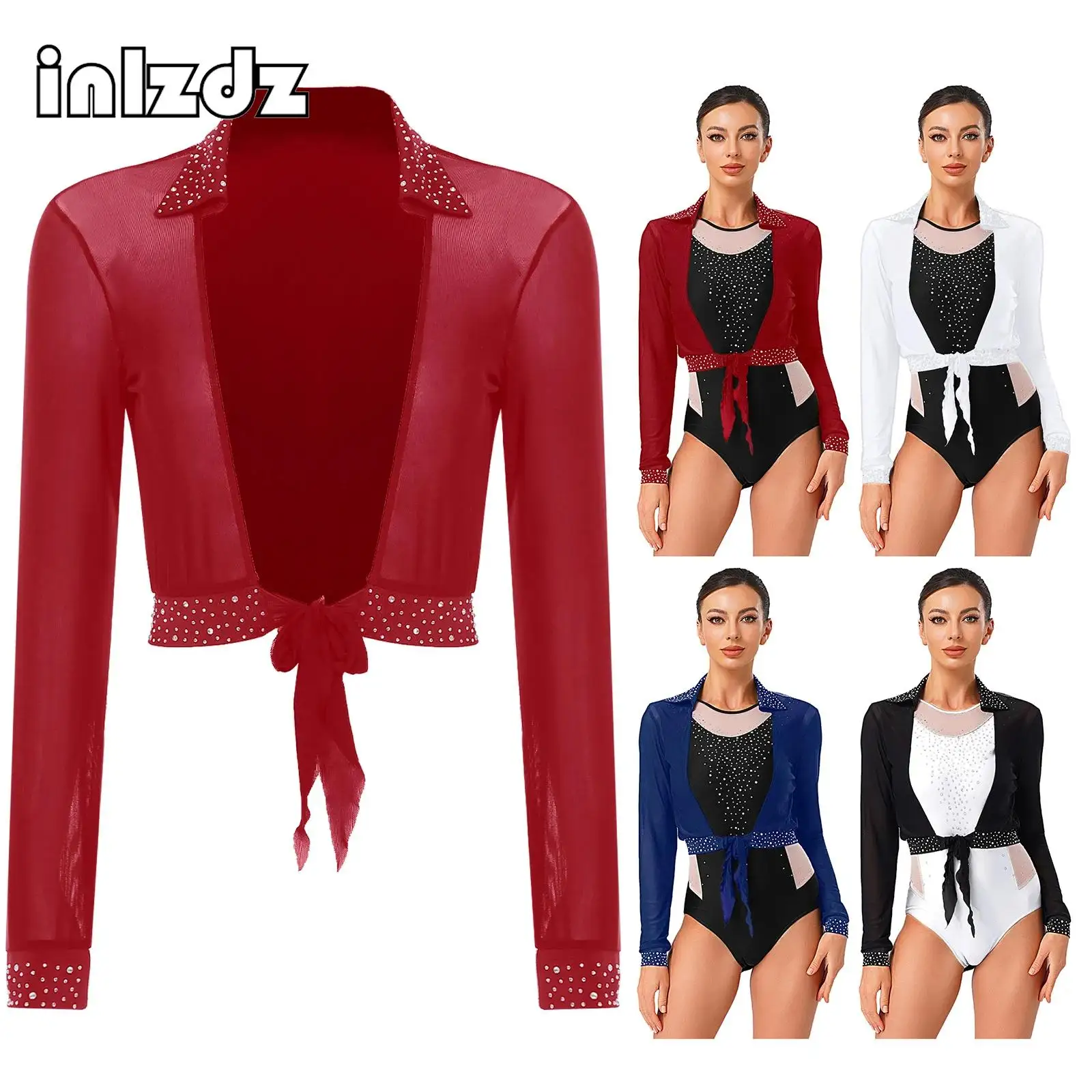 سترة نسائية للرقص اللاتيني من شبكة حجر الراين لموسيقى الجاز وأكمام طويلة مفتوحة من الأمام وربط بوليرو سترات مقصوصة وإكسسوارات ملابس الرقص