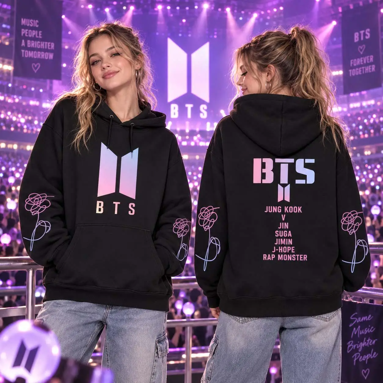 BTS Gradient Logo Hoodie Men Women Member Names Print Hooded Pullover Sweatshirt Kpop Fans Casual Streetwear Tops