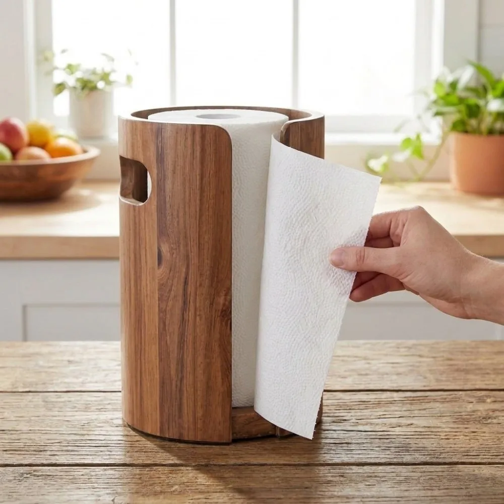 Cylindrical Shape Wooden Paper Towel Holder Waterproof Anti‑Splash Vertical Paper Towel Rack Freestanding