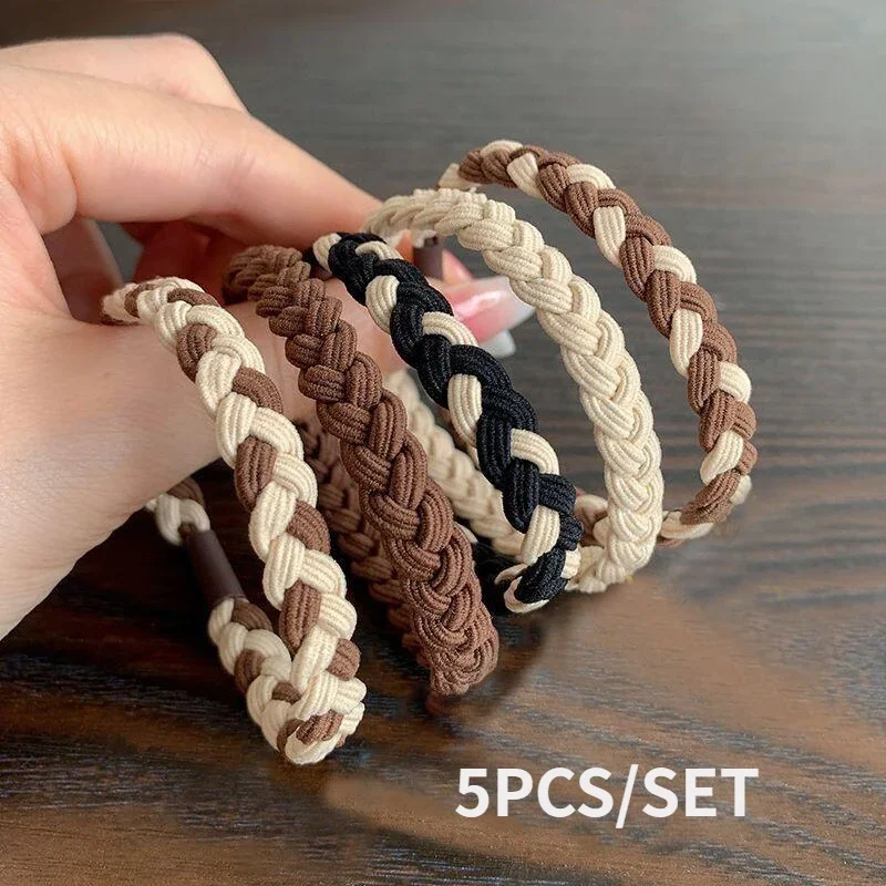 5pcs/set Fashion Coffee Color Hair Ropes for Women and Girls Simple Splicing Color High Elastic Head Ropes Wholesale