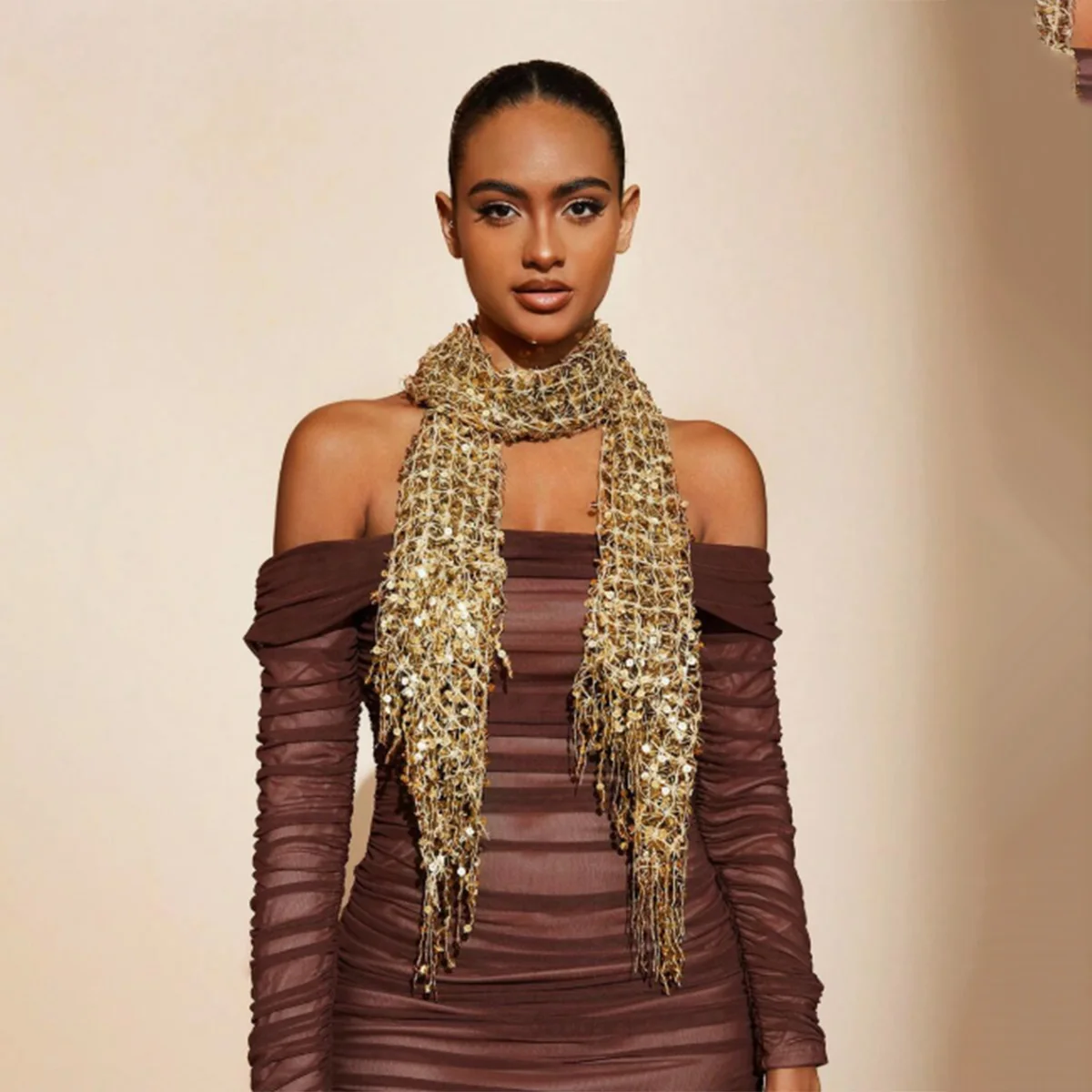 Vintage Golden Sparkle Fransen Schal Party Schal Frauen Luxus Kopftuch Pailletten Deco Wraps Fransen Braut Brautjungfer Hochzeit Cape – Detail 12