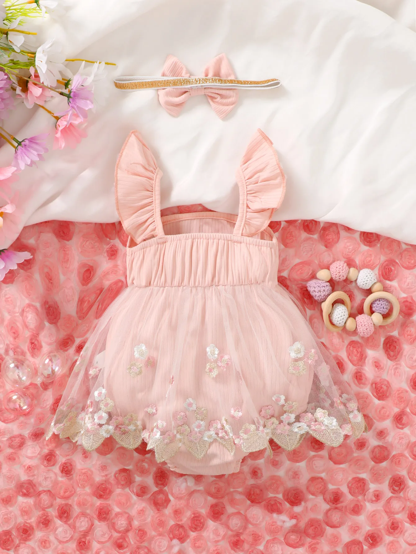 Newborn 3-24m Baby Girls Pink Square Collar Flying Sleeve Embroidery Mesh Small Skirt Triangle Onesie Cute And Sweet Ha Clothes