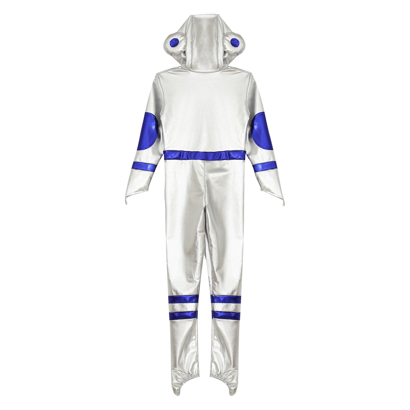 Kinder Astronaut Cosplay Kostüm glänzend Metallic Silber Kapuze Overall Bodysuit Raumanzug Halloween Karneval Thema Party Kostüm