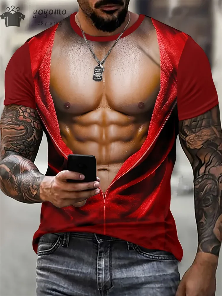 Lustiges Fake-Muskel 3D-Druck Sport Schnelltrocknendes Atmungsaktives Herren T-Shirt Outdoor Street Casual Cosplay Party Eltern-Kind Kurzarm-Oberteil
