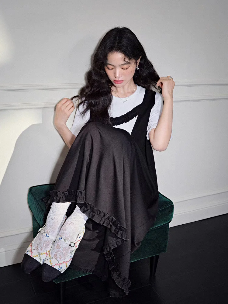 Été faux deux pièces Dr ort Sve t-shirt jupe gilet femmes ensemble complet nouveau Sle banlieue vent l taille Dr