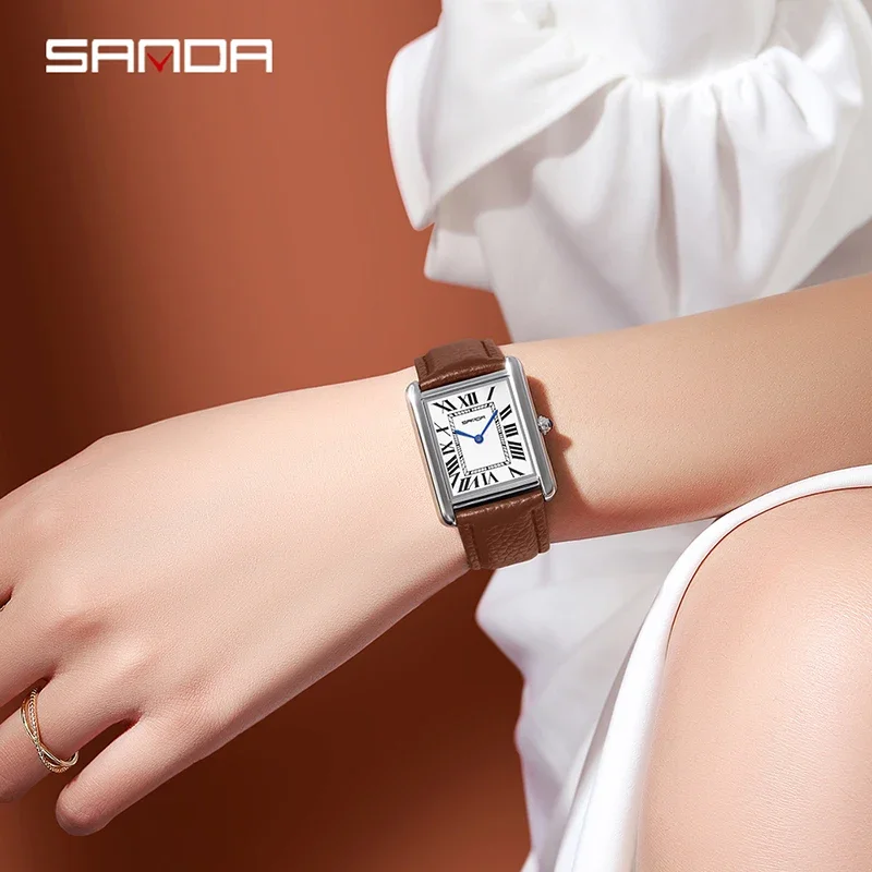 SANDA Couple Quartz Watch Waterproof Casual Fashion Women Men Watches Wear Resistant Leather Strap Square Dial Design Lover Gift