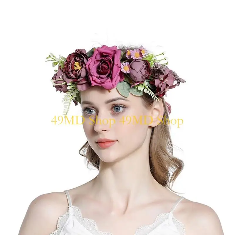 

49MD Bride Flower Headband Bohemian Flower Crown Wedding Hairand Floral Hair Hoop