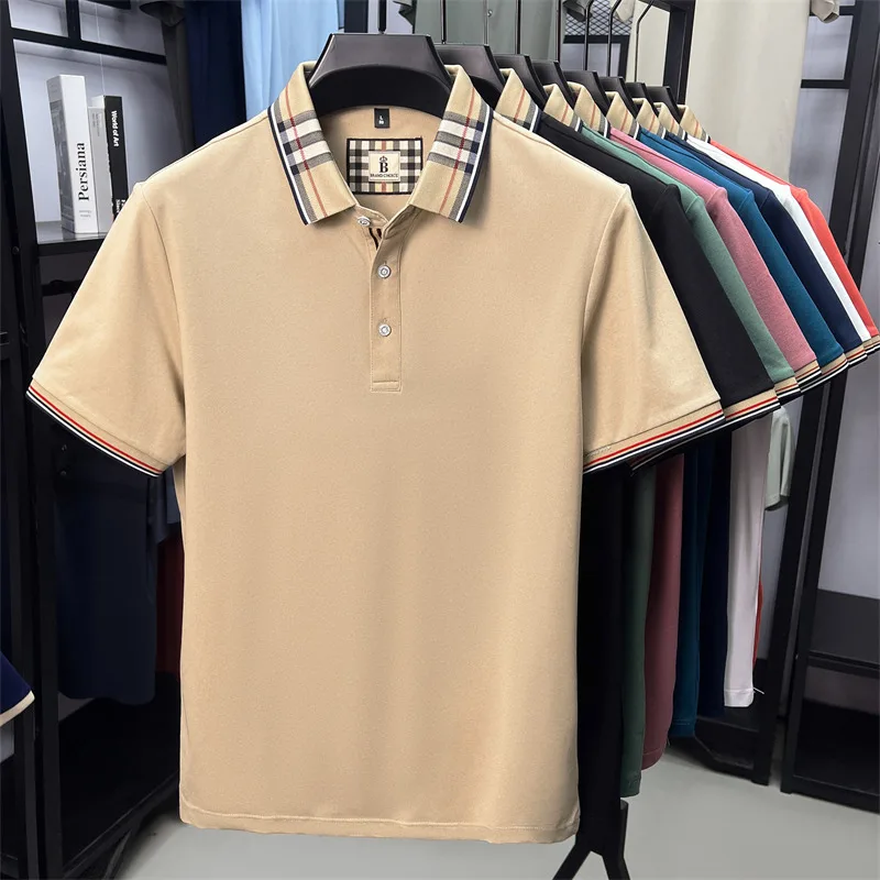 High end silky cotton breathable short sleeve polo shirt men's summer new trend plaid lapel designer brand casual golf T-shirt image 5