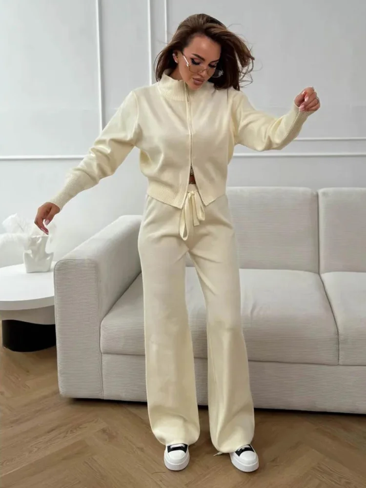 Women Solid Soft Knitted Two-piece Pant Set With Half High Collar Zipper Short Cardigan Drawstring Wide Legs Daily Casual Suit