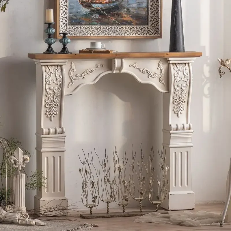 French country retro fireplace decoration European white carved villa living room fake fireplace decoration cabinet photography