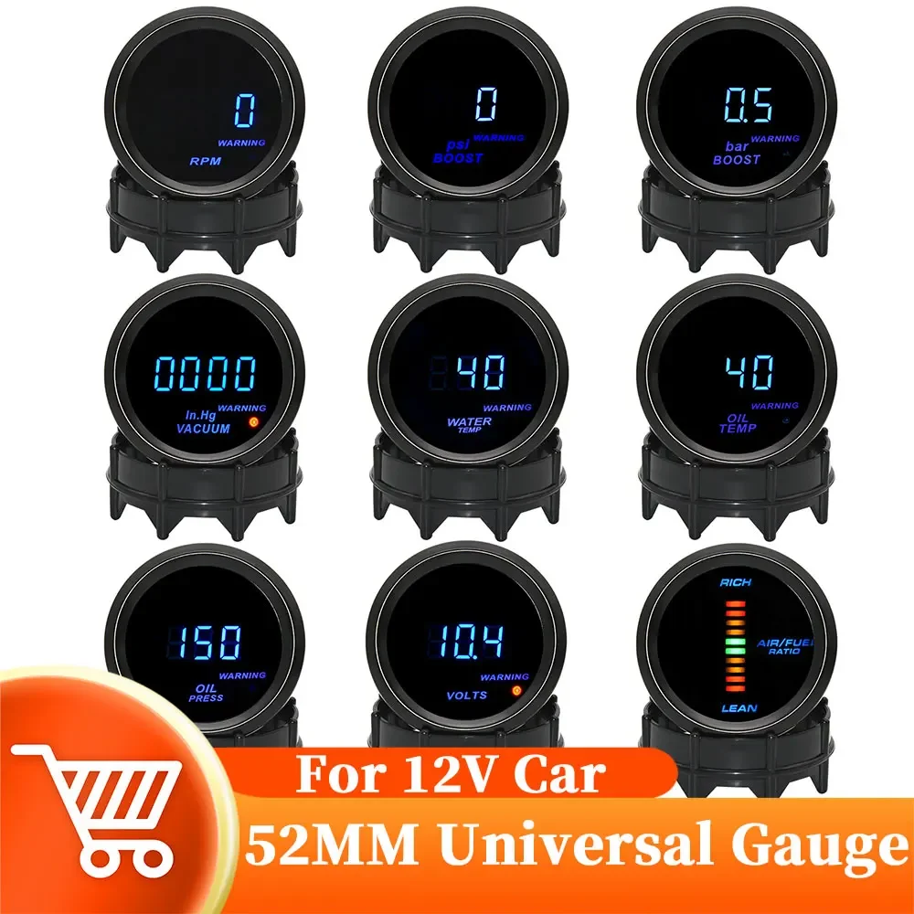 52mm Universal Car Tachometer RPM Water Temp Oil Temp Oil Pressure Gauge Turbo Boost Gauge Voltmeter Turbo Boost Gauge PSI BAR