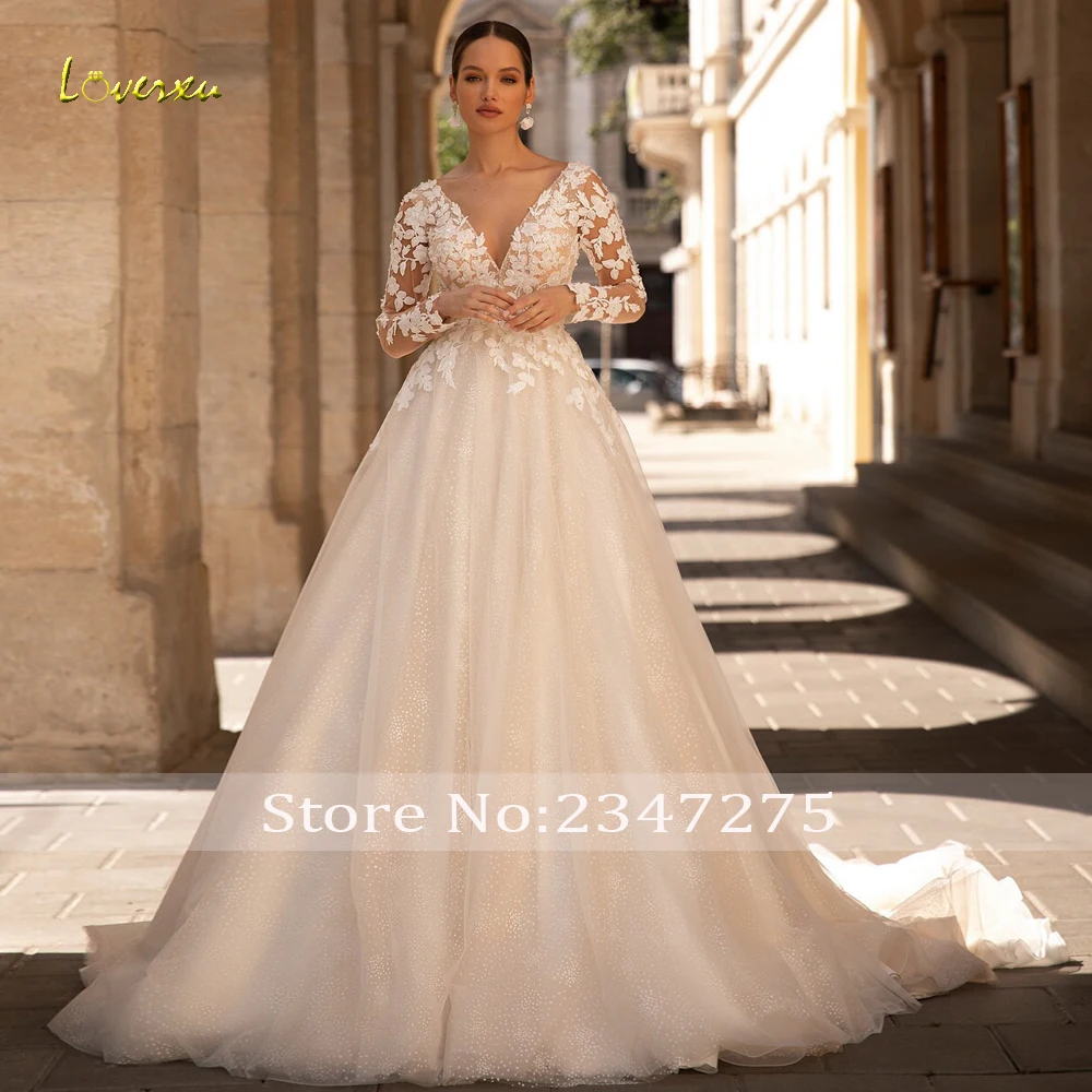 Loverxu A-Line Elegant Wedding Dresses V-Neck Long Sleeve Tulle Vestido De Novia Appliques Beaded Chic Custom Made Bridal Gown