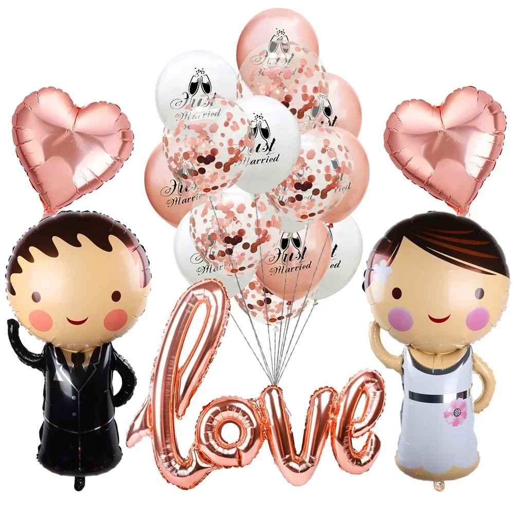 Just Married Bride And Groom Latex Balloon Wedding Decorations Rose Gold Love& Heart Foil Balloons Party Supplies wedding decor