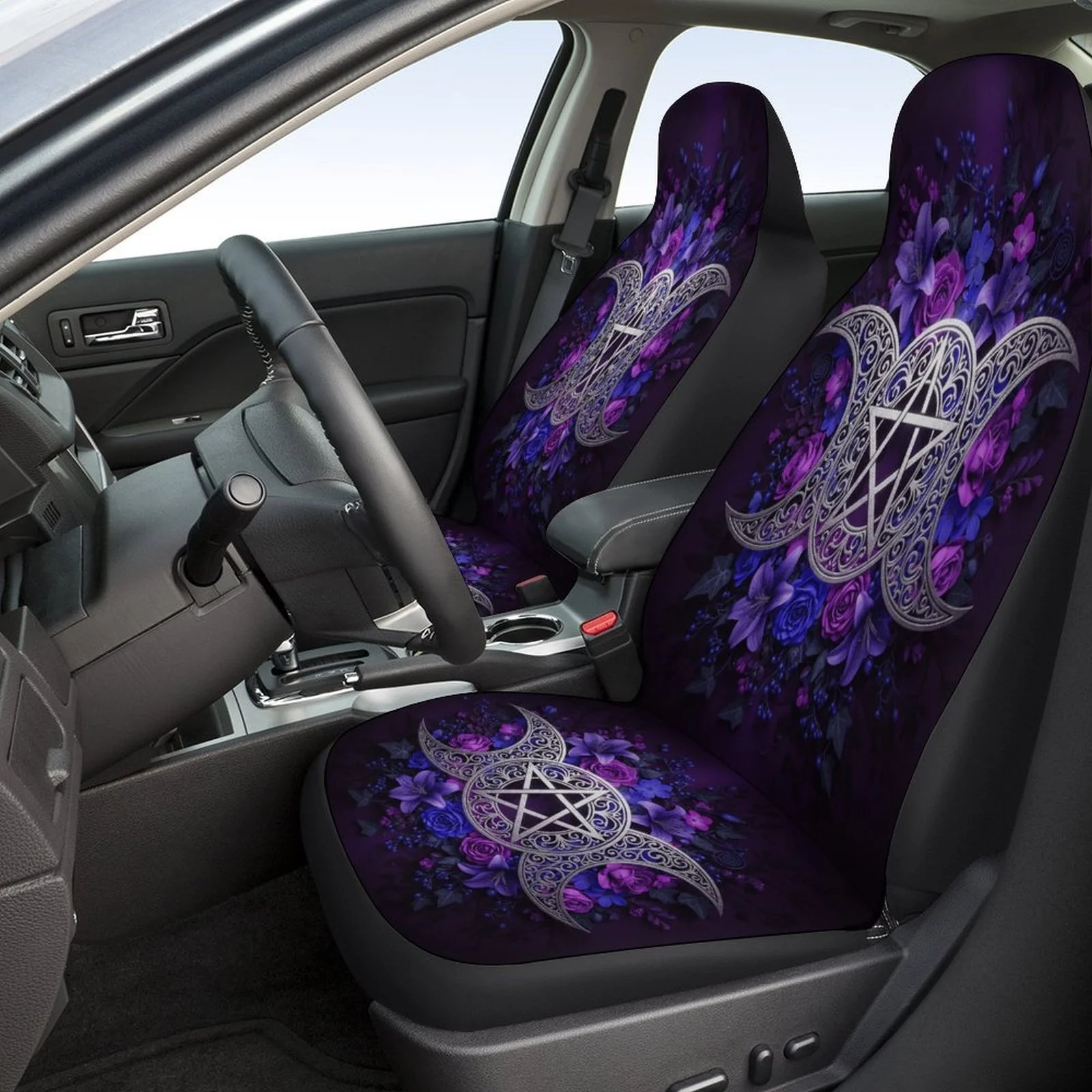 Triple Moon Pentagram Floral Themed Car Seat Cover Set - High-Quality Polyester, Universal Fit For 2 Front & Rear Seats, All-Sea