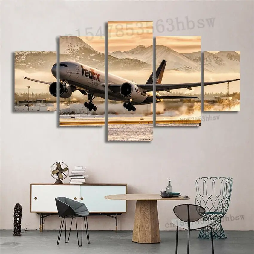 FedEx Express Airplane Takeoff Airport 5 Panel Canvas Print Wall Art Home Decor Poster No Framed 5 Piece Room Decor HD Print