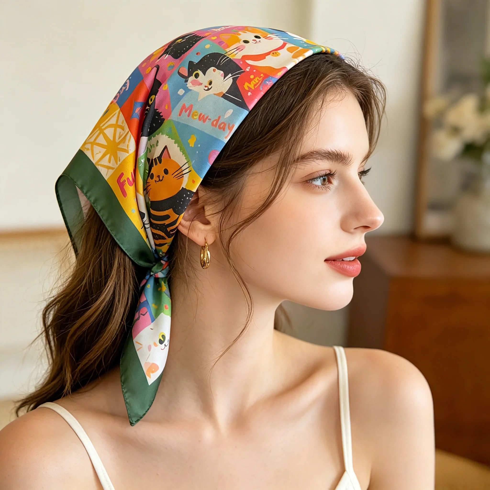 2026 New Imitation Silk Square Scarf Women Animal Cat Printed Fashion Accessories Hairband Foualrd Bandana Neckercheif