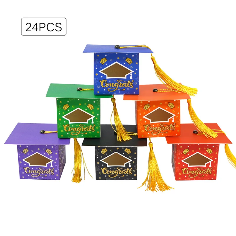 24Pcs Open Window Bachelor Cap Candy Box Graduation Party Doctor Hat Favor Packaging Gift Box With Tassels Celebration Supplies