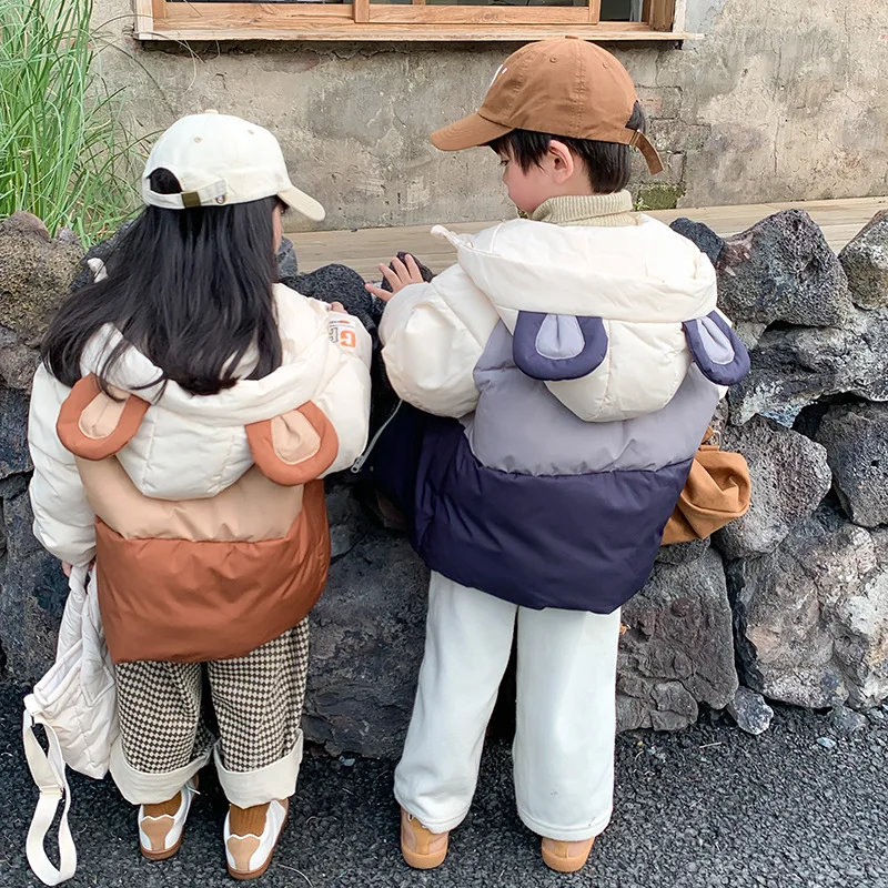

2024new Winter Down Jackets For Boys Girls New Thick Splicing Children Outerwear Clothing Big Ear Hooded Kids Cotton-Padded Coat