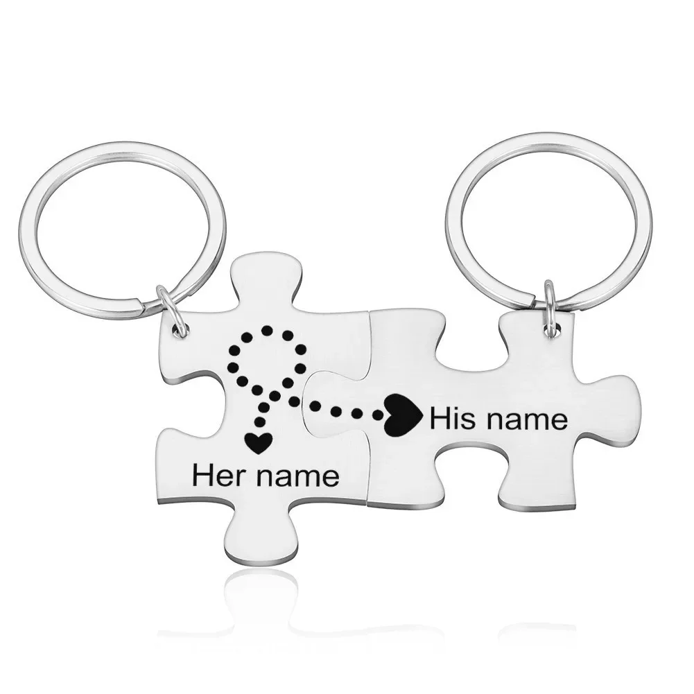 2PCS Couples Customized Puzzle Keychains Engraved Date and Two Initials Love Gifts for Husband Wife Boyfriend Girlfriend