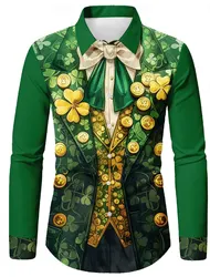 2025 St. Patrick Men's Shirts Shamrock Tuxedo Long Sleeve Shirt 3D Print Casual Shirt Green Summer Spring Clothing Apparel
