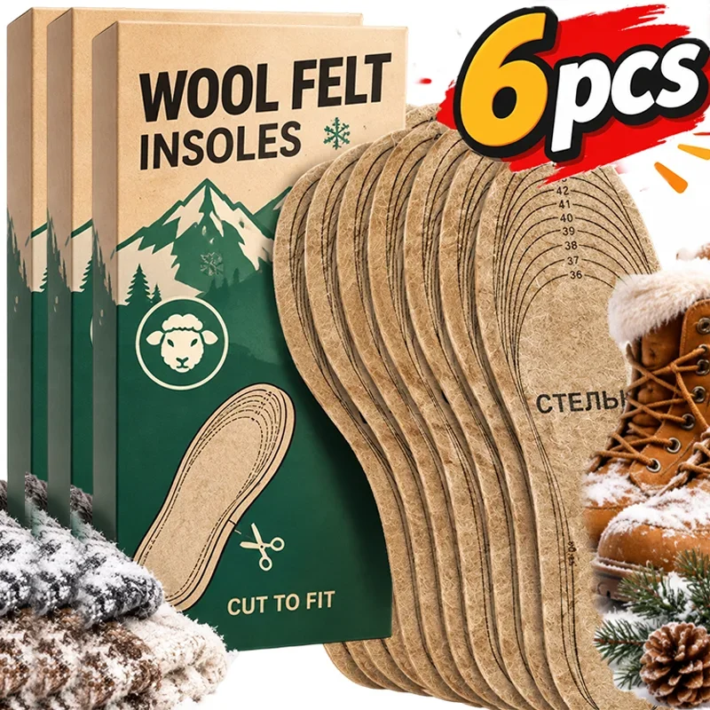 Thick Wool Felt Insoles Winter Warm Shoe Pads Thermal Inserts Cuttable Replacement Soles Boot Cushion Foot Care Shock 2/4pcs