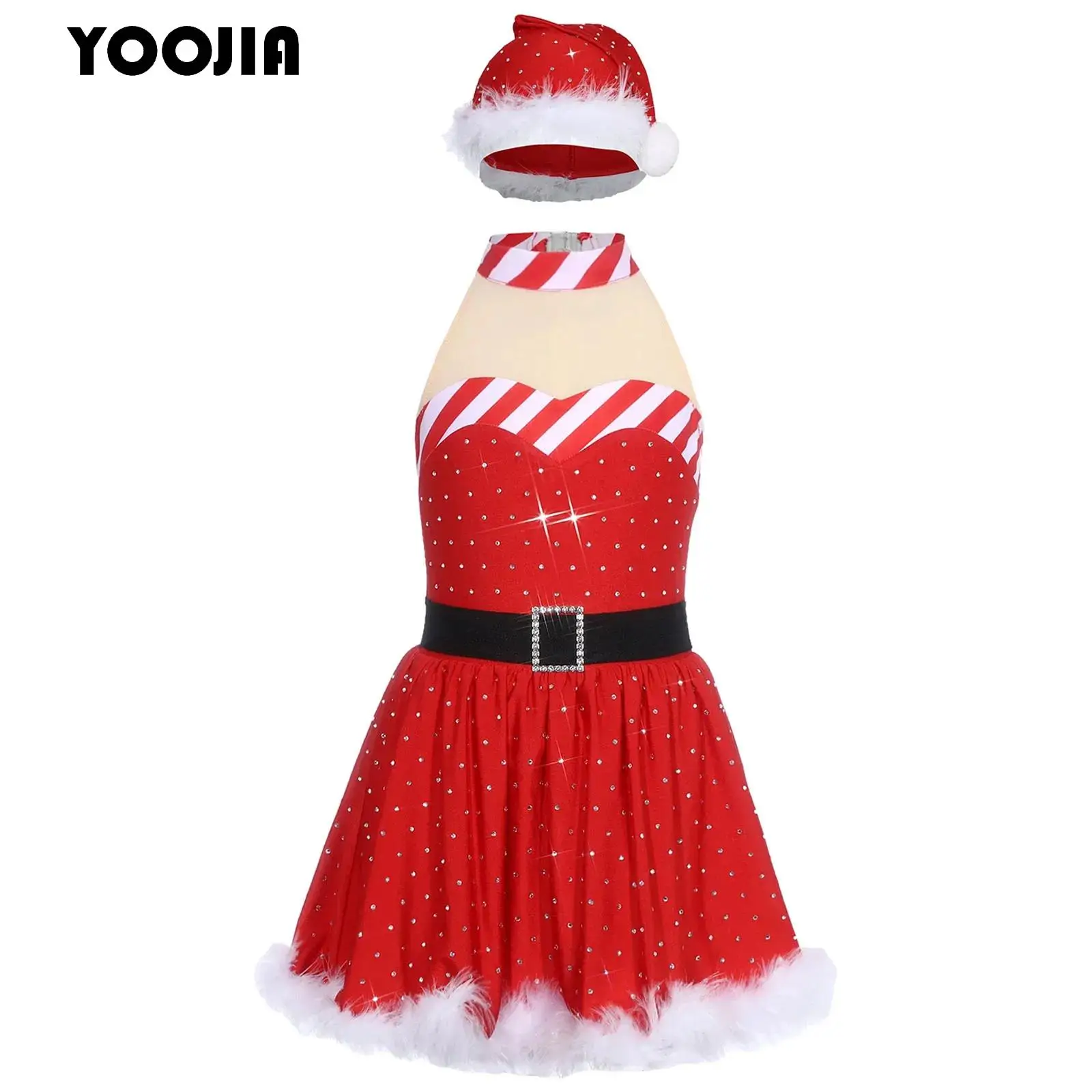 

Candy Cane Christmas Dance Costumes Outfits for Kids Girl Rhinestones Figure Skating Tutu Dress Ballet Leotard Xmas Dancewear