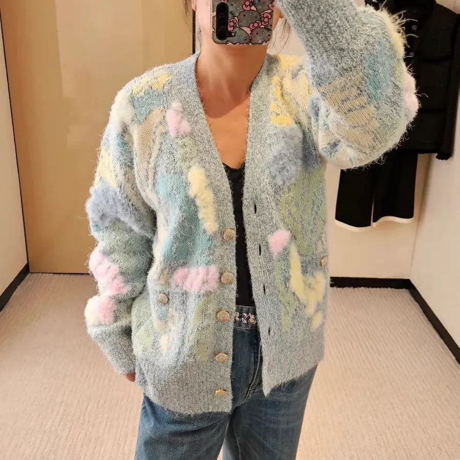 High-End European Sle Autumn Winter Floral Long Sve Knitted Sweater Coat Casual V-Ne Open Cardigan for Women