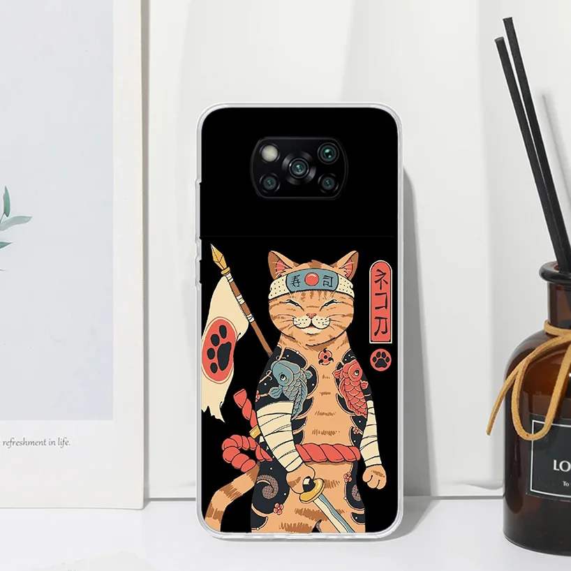 Ramen Sushi Samurai Tattoo Cat Phone Case For Xiaomi Poco X6 X5 X4 X3 Nfc F6 F5 Pro F4 Gt F3 F2 F1 M5S M4 M3 Art Fundas Back Cov