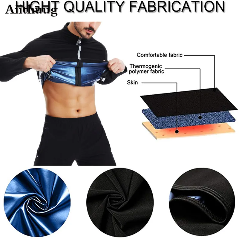 Aiithuug Men Sauna Jacket Long Sleeve Sweat Tops Sauna Suit for Exercise Heat Trapping Top Workout Training Corset with Zipper