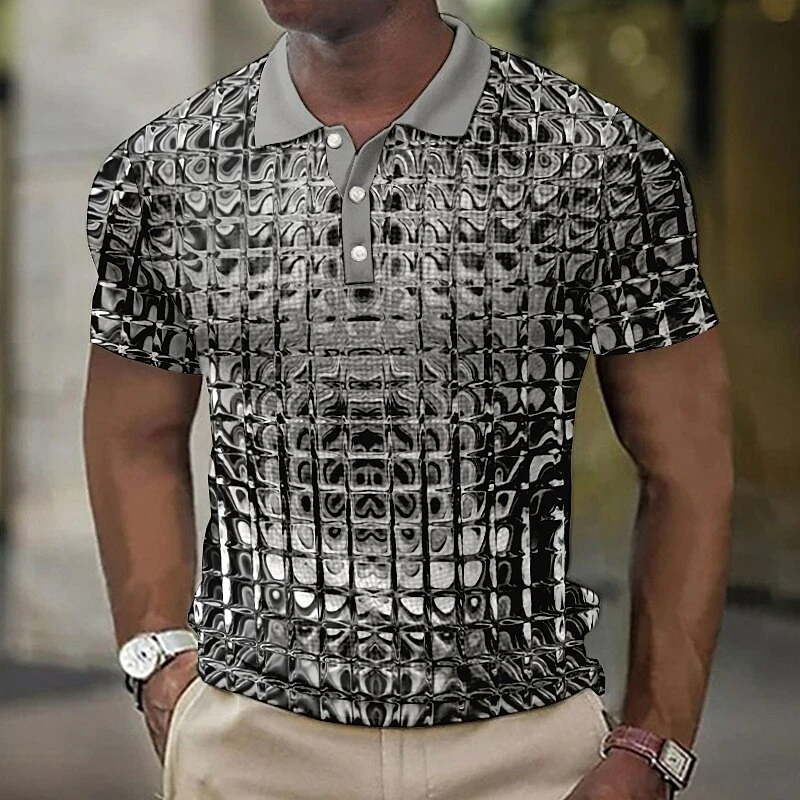 New Men's Polo Shirts 3d Simulation Metal Plaid Graphic Printed Men's Clothing Summer Casual Short Sleeved Street Designer Tops