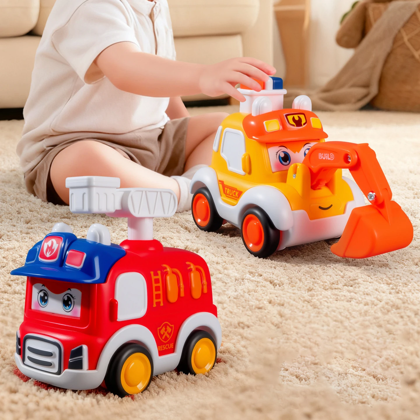 Coche pequeño para niños, prensa creativa, coche que cambia la cara, motor de bomberos de dibujos animados/ambulancia, excavadora de conducción de inercia, coche de juguete extraíble