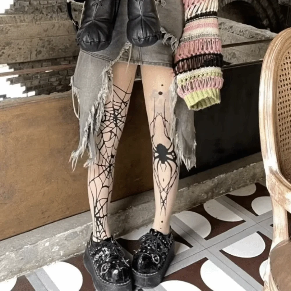 Lolita Style High Waist Halloween Pantyhose Spider Web Witch Pantyhose Bat Pattern Tights Gothic Elasticity Stockings Cyber Punk