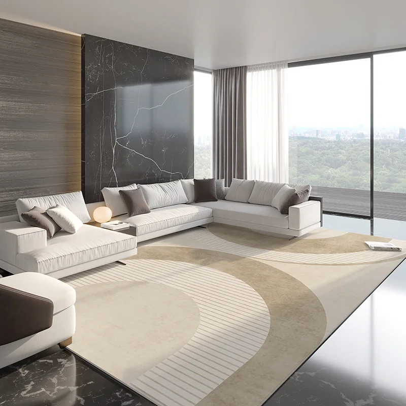 

Скандинавский декоративный ковер с абстрактным полосатым узором в бежевых и серых тонах для гостиной и спальни, большой нескользящий коврик