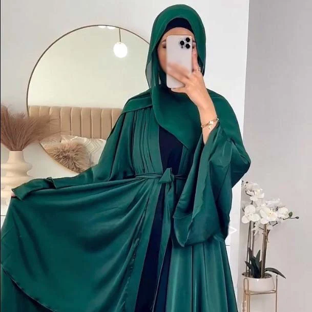 Eid Satin Abaya Dubai Open Kimono Cardigan Kaftan Women Muslim Ruffle Flare Sleeve Party Dress Arabic Robe Marcain Gown Ramadan