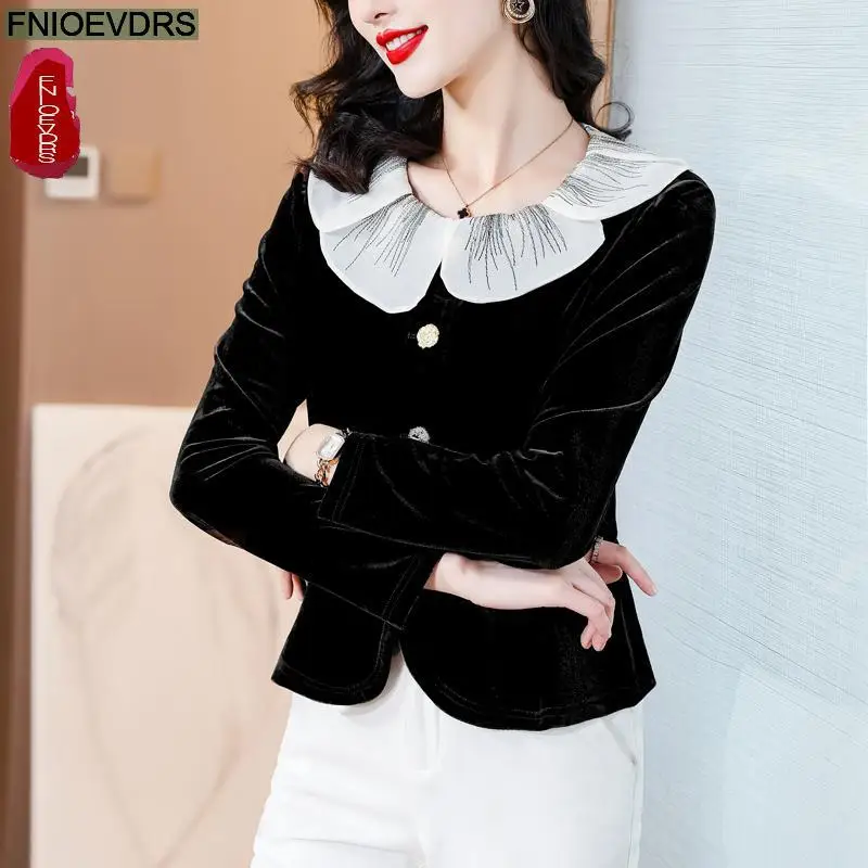 S-3XL Black Velvet Top Women Autumn Winter French Design Elegant Office Lady Work Button Shirt Casual Slim Retro Peplum Blouses