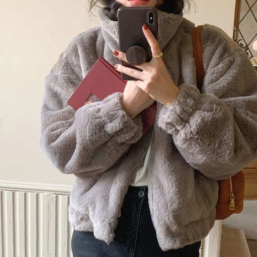 Women Autumn Winter Thicken Warm Coat Stand-Collar Loose Fur Plush Zipper Jacket Soft Comfortable Casual Simple Solid Outerwear