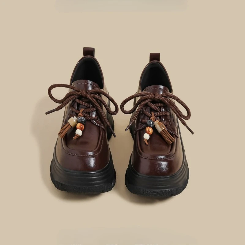 

2026 Thick Soled Loafers Women's Brown Lace Up High Heels British Style Leather Shoes